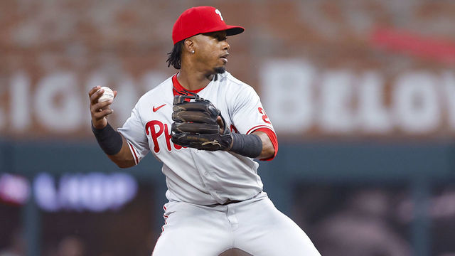 ATLANTA, GA - MAY 25: Jean Segura #2 of the Philadelphia Phillies throws to first during the fourth inning against the Atlanta Braves at Truist Park on May 25, 2022 in Atlanta, Georgia.