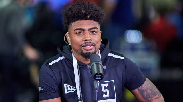 INDIANAPOLIS, IN - MARCH 02: Arkansas wide receiver Treylon Burks answers questions from the media during the NFL Scouting Combine on March 2, 2022, at the Indiana Convention Center in Indianapolis, IN.