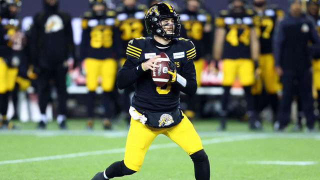 HAMILTON, ON - DECEMBER 12: Dane Evans #9 of the Hamilton Tiger-Cats throws the ball during the 108th Grey Cup CFL Championship Game against the Winnipeg Blue Bombers at Tim Hortons Field on December 12, 2021 in Hamilton, Ontario, Canada.
