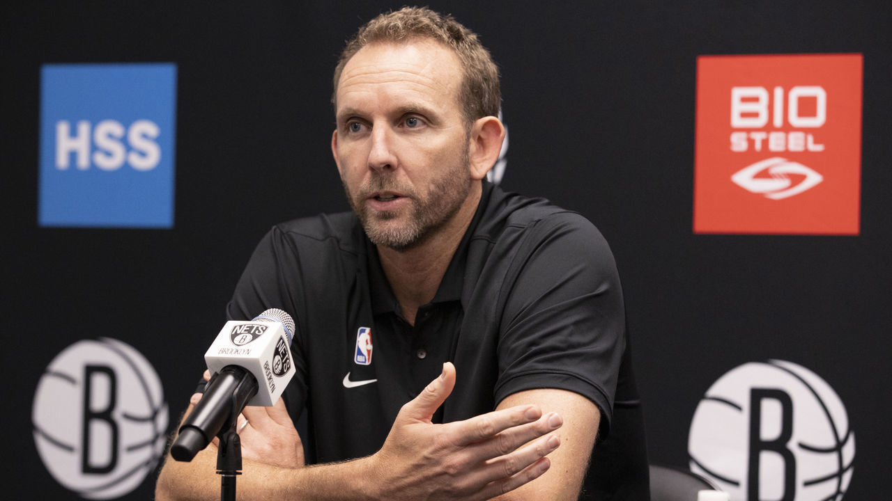 BROOKLYN, NY - AUGUST 2: General Manager Sean Marks of the Brooklyn Nets talks to the media during the press conference on August 2, 2021 at HSS Training Center in Brooklyn, New York. Mandatory Copyright Notice: Copyright 2021 NBAE