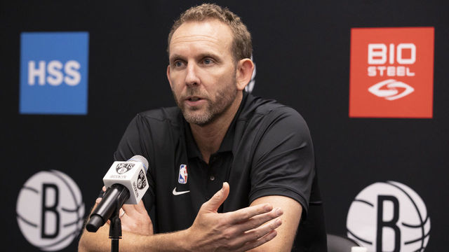 BROOKLYN, NY - AUGUST 2: General Manager Sean Marks of the Brooklyn Nets talks to the media during the press conference on August 2, 2021 at HSS Training Center in Brooklyn, New York. Mandatory Copyright Notice: Copyright 2021 NBAE