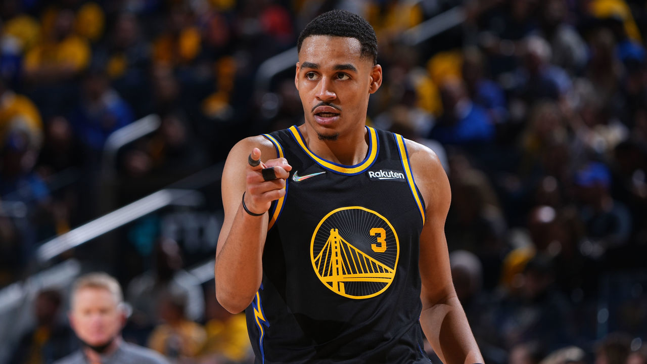 SAN FRANCISCO, CA - MAY 26: Jordan Poole #3 of the Golden State Warriors looks on against the Dallas Mavericks during Game 5 of the 2022 NBA Playoffs Western Conference Finals on May 26, 2022 at Chase Center in San Francisco, California. NOTE TO USER: User expressly acknowledges and agrees that, by downloading and or using this photograph, user is consenting to the terms and conditions of Getty Images License Agreement. Mandatory Copyright Notice: Copyright 2022 NBAE
