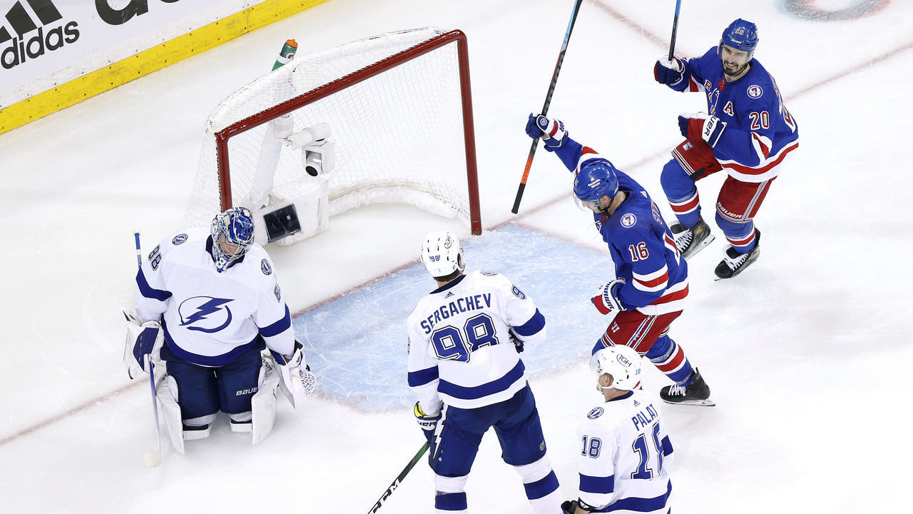 NEW YORK, NEW YORK - JUNE 01: Andrei Vasilevskiy #88 of the Tampa Bay Lightning reacts after giving up a goal to Mika Zibanejad (not pictured) #93 of the New York Rangers during the third period in Game One of the Eastern Conference Final of the 2022 Stanley Cup Playoffs at Madison Square Garden on June 01, 2022 in New York City.