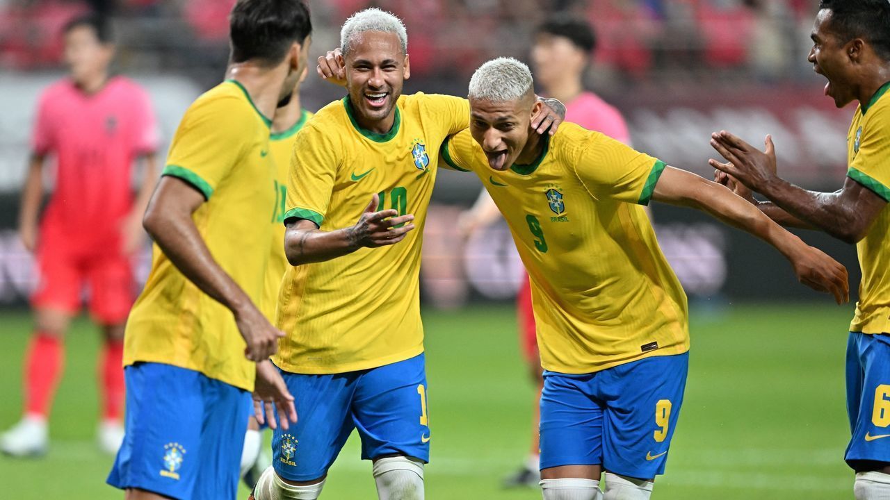Brazil's forward Neymar (C) celebrates his goal during the international football friendly match between South Korea and Brazil at Seoul World Cup Stadium in Seoul on June 2, 2022.