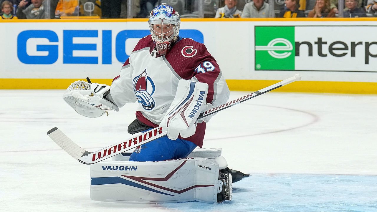 NASHVILLE, TN - MAY 9: Pavel Francouz #39 of the Colorado Avalanche tends net against the Nashville Predators in Game Four of the First Round of the 2022 Stanley Cup Playoffs at Bridgestone Arena on May 9, 2022 in Nashville, Tennessee.