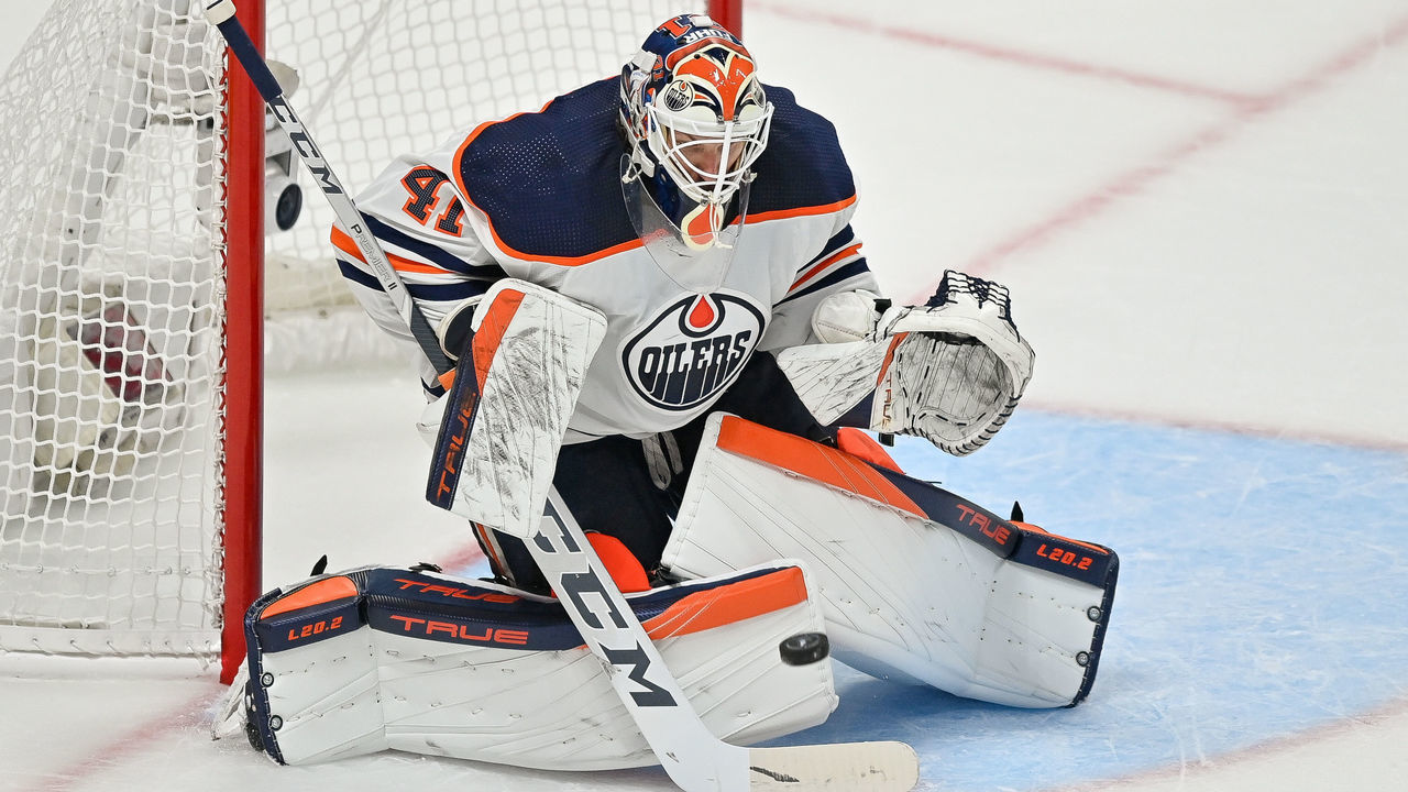 DENVER, CO - MAY 31: Edmonton Oilers goaltender Mike Smith (41) makes a save during a Stanley Cup Playoffs Western Conference Finals game between the Edmonton Oilers and the Colorado Avalanche at Ball Arena in Denver, Colorado on May 31, 2022.