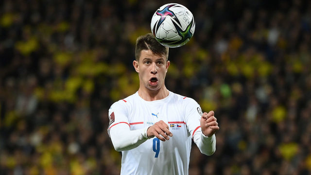 SOLNA, SWEDEN - MARCH 24: Adam Hlozek of Czech Republic controls the ball during the 2022 FIFA World Cup Qualifier knockout round play-off match between Sweden and Czech Republic at Friends Arena on March 24, 2022 in Solna, Sweden.