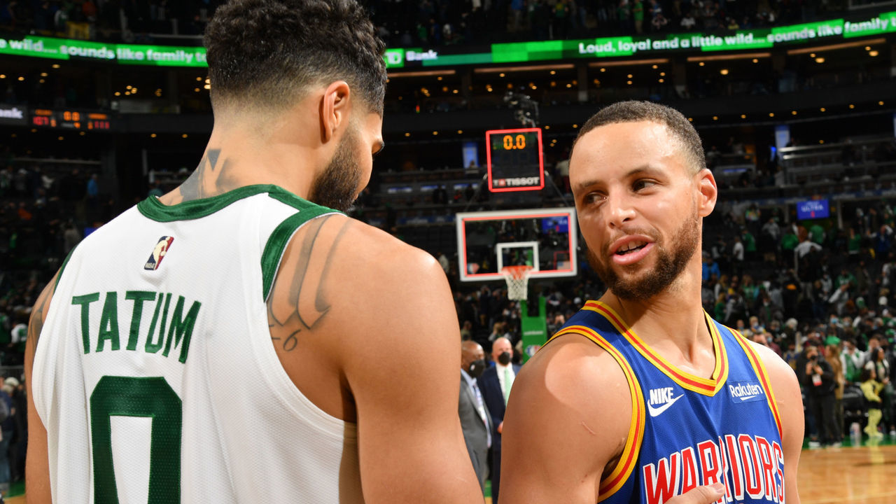 BOSTON, MA - DECEMBER 17: Stephen Curry #30 of the Golden State Warriors talks with Jayson Tatum #0 of the Boston Celtics after the game on December 17, 2021 at the TD Garden in Boston, Massachusetts. Mandatory Copyright Notice: Copyright 2021 NBAE