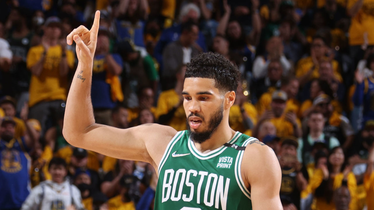 SAN FRANCISCO, CA - JUNE 2: Jayson Tatum #0 of the Boston Celtics celebrates during Game One of the 2022 NBA Finals against the Golden State Warriors on June 2, 2022 at Chase Center in San Francisco, California. NOTE TO USER: User expressly acknowledges and agrees that, by downloading and or using this photograph, user is consenting to the terms and conditions of Getty Images License Agreement. Mandatory Copyright Notice: Copyright 2022 NBAE