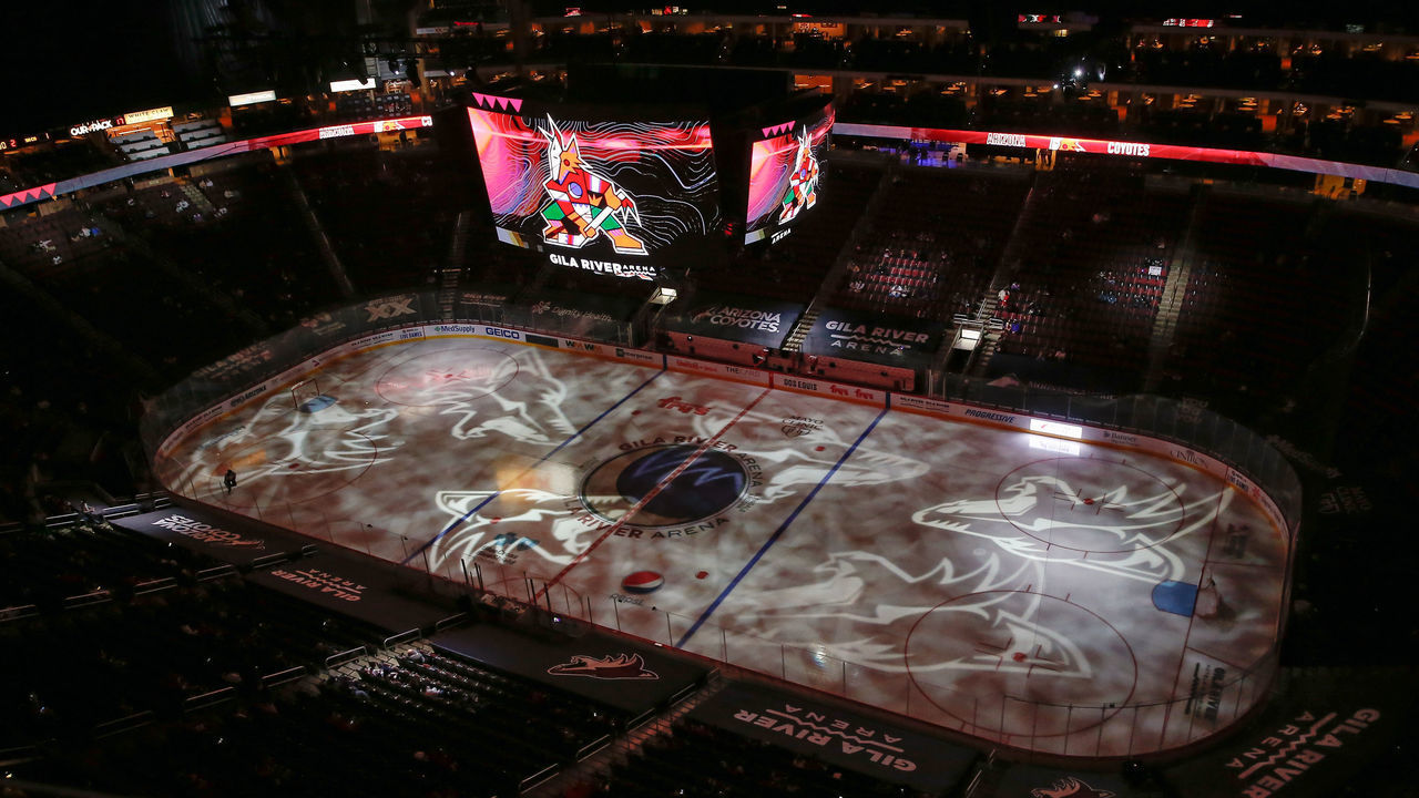 GLENDALE, AZ - JANUARY 14: A wide overview of Gila River Arena during intermission during the NHL hockey game between the San Jose Sharks and the Arizona Coyotes on January 14, 2021 at Gila River Arena in Glendale, Arizona.