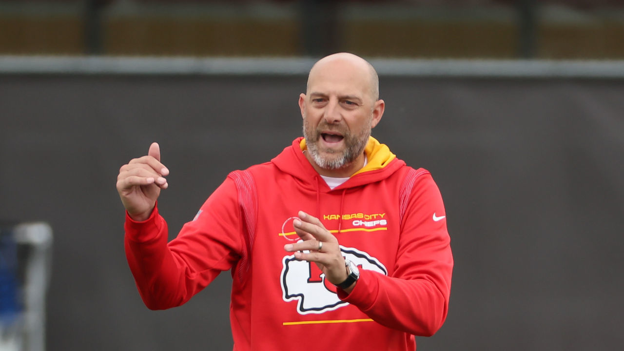 KANSAS CITY, MO - MAY 26: Kansas City Chiefs Senior Assistant/Quarterbacks coach Matt Nagy during OTA offseason workouts on May 26, 2022 at the Chiefs Training Facility in Kansas City, MO.