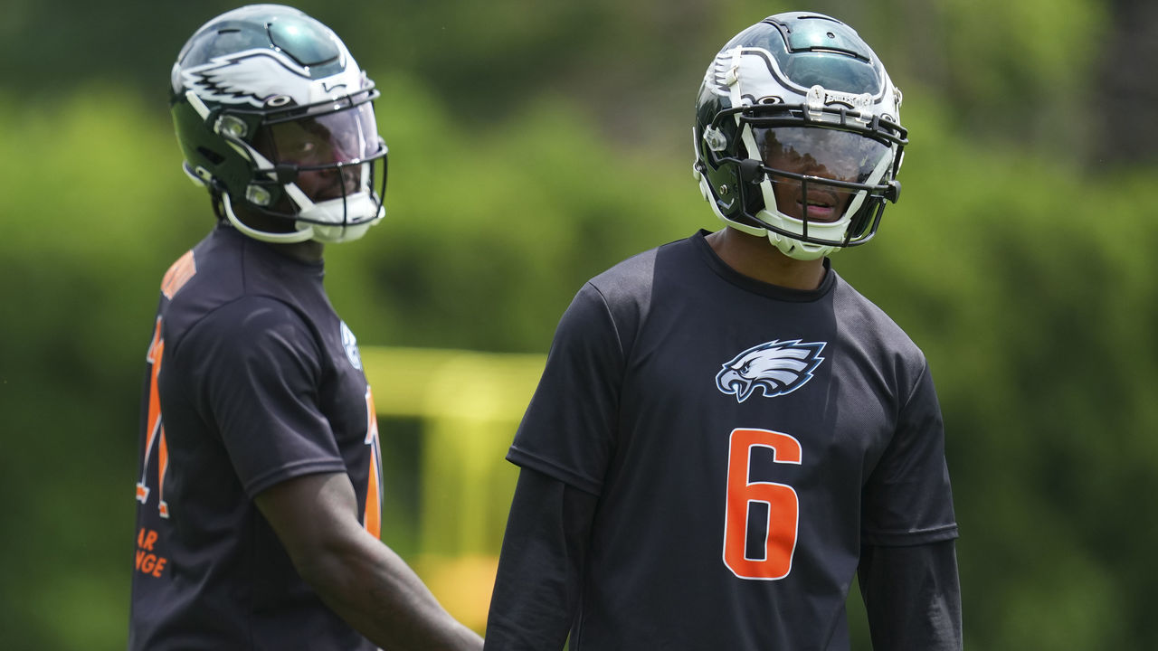 PHILADELPHIA, PA - JUNE 03: A.J. Brown #11 and DeVonta Smith #6 of the Philadelphia Eagles look on during OTAs at the NovaCare Complex on June 3, 2022 in Philadelphia, Pennsylvania.