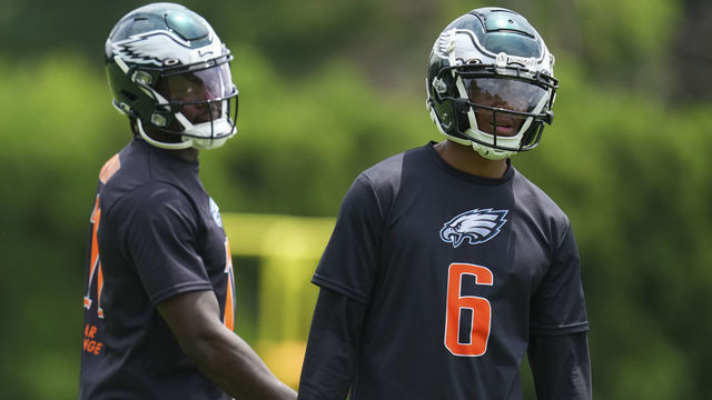 PHILADELPHIA, PA - JUNE 03: A.J. Brown #11 and DeVonta Smith #6 of the Philadelphia Eagles look on during OTAs at the NovaCare Complex on June 3, 2022 in Philadelphia, Pennsylvania.