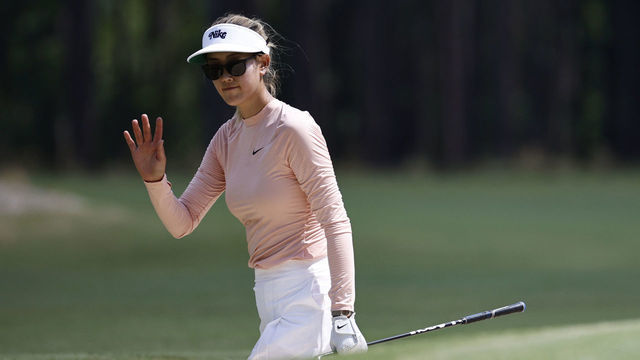 SOUTHERN PINES, NORTH CAROLINA - JUNE 02: Michelle Wie West acknowledges the gallery after playing a shot from the bunker near the 14th green during the first round of the 77th US Women's Open Championship at Pine Needles Lodge and Golf Club on June 02, 2022 in Southern Pines, North Carolina.