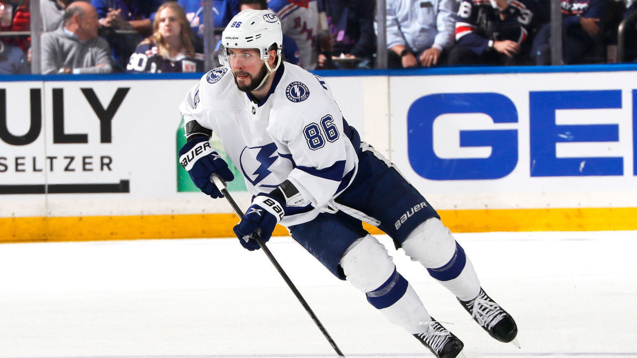 NEW YORK, NY - JUNE 01: Nikita Kucherov #86 of the Tampa Bay Lightning skates with the puck against the New York Rangers in Game One of the Eastern Conference Final of the 2022 Stanley Cup Playoffs at Madison Square Garden on June 1, 2022 in New York City.