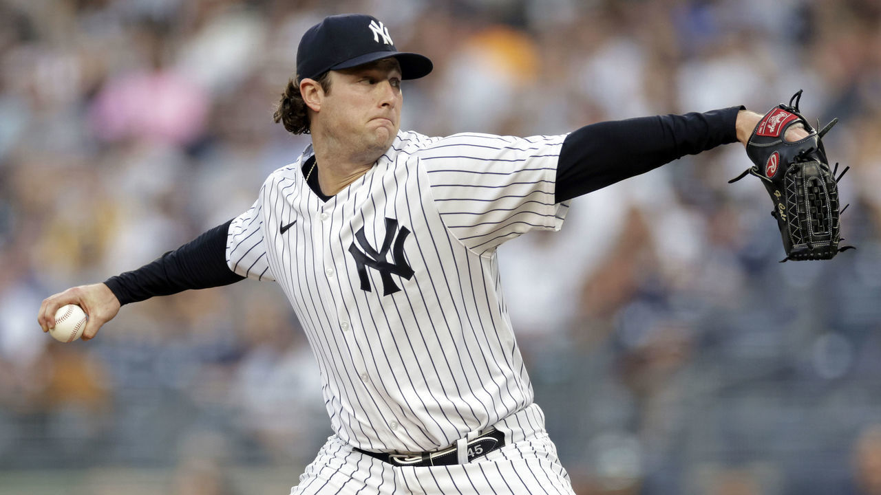 NEW YORK, NY - JUNE 3: Gerrit Cole #45 of the New York Yankees pitches against the Detroit Tigers during the second inning at Yankee Stadium on June 3, 2022 in New York City.