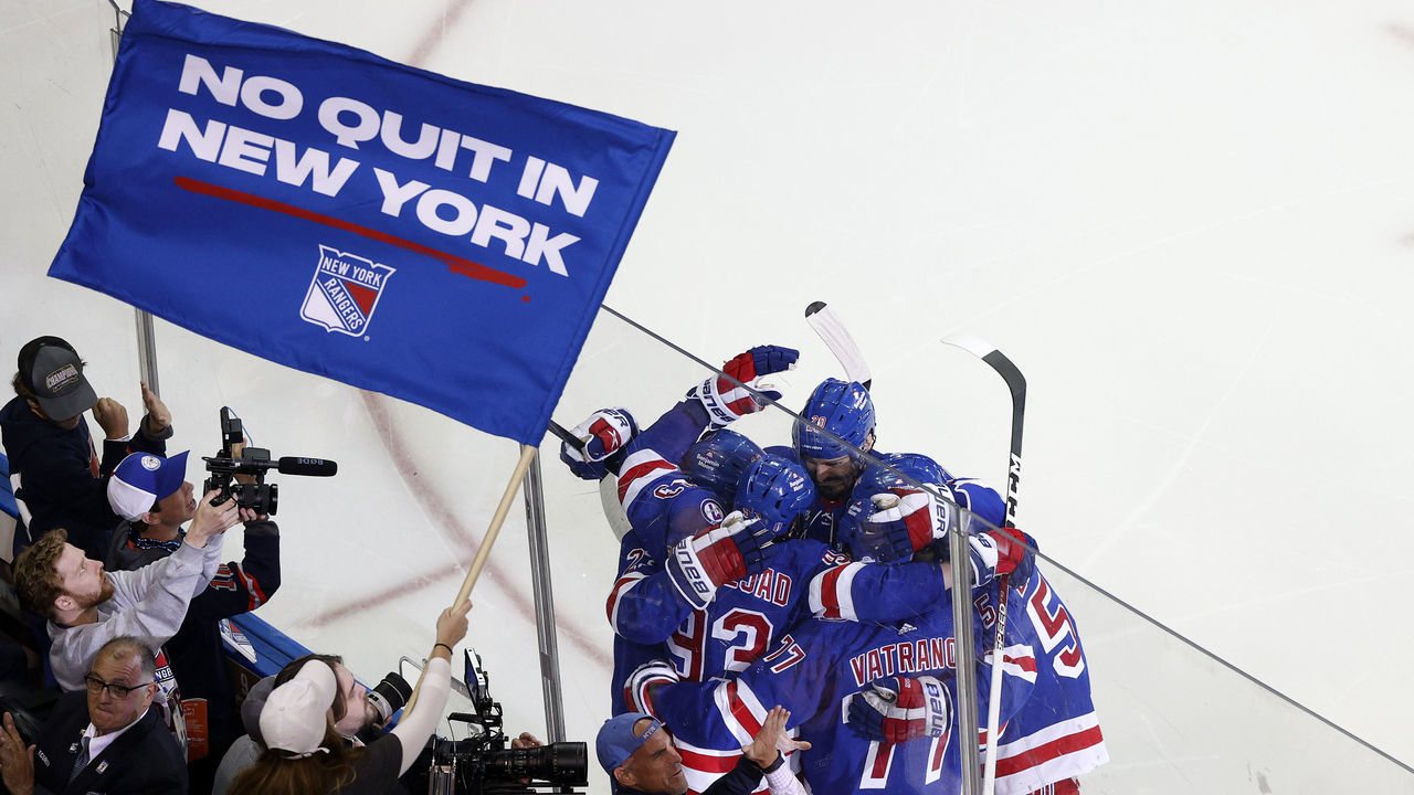 NEW YORK, NEW YORK - JUNE 03: Mika Zibanejad #93 of the New York Rangers celebrates with teammates after scoring a third period goal against the Tampa Bay Lightning in Game Two of the Eastern Conference Final of the 2022 Stanley Cup Playoffs at Madison Square Garden on June 03, 2022 in New York City.