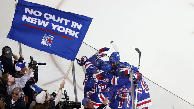 NEW YORK, NEW YORK - JUNE 03: Mika Zibanejad #93 of the New York Rangers celebrates with teammates after scoring a third period goal against the Tampa Bay Lightning in Game Two of the Eastern Conference Final of the 2022 Stanley Cup Playoffs at Madison Square Garden on June 03, 2022 in New York City.