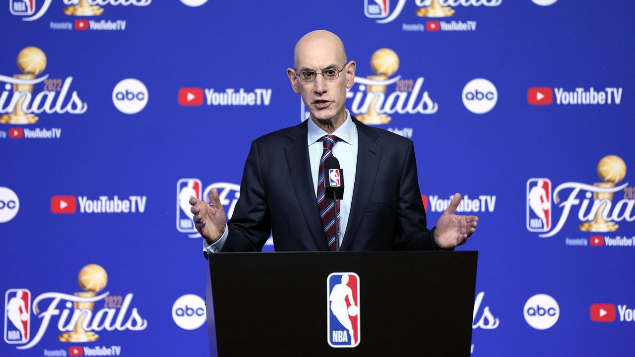 SAN FRANCISCO, CALIFORNIA - JUNE 02: NBA commissioner Adam Silver speaks to the media prior to Game One of the 2022 NBA Finals between the Golden State Warriors and the Boston Celtics at Chase Center on June 02, 2022 in San Francisco, California. NOTE TO USER: User expressly acknowledges and agrees that, by downloading and/or using this photograph, User is consenting to the terms and conditions of the Getty Images License Agreement.