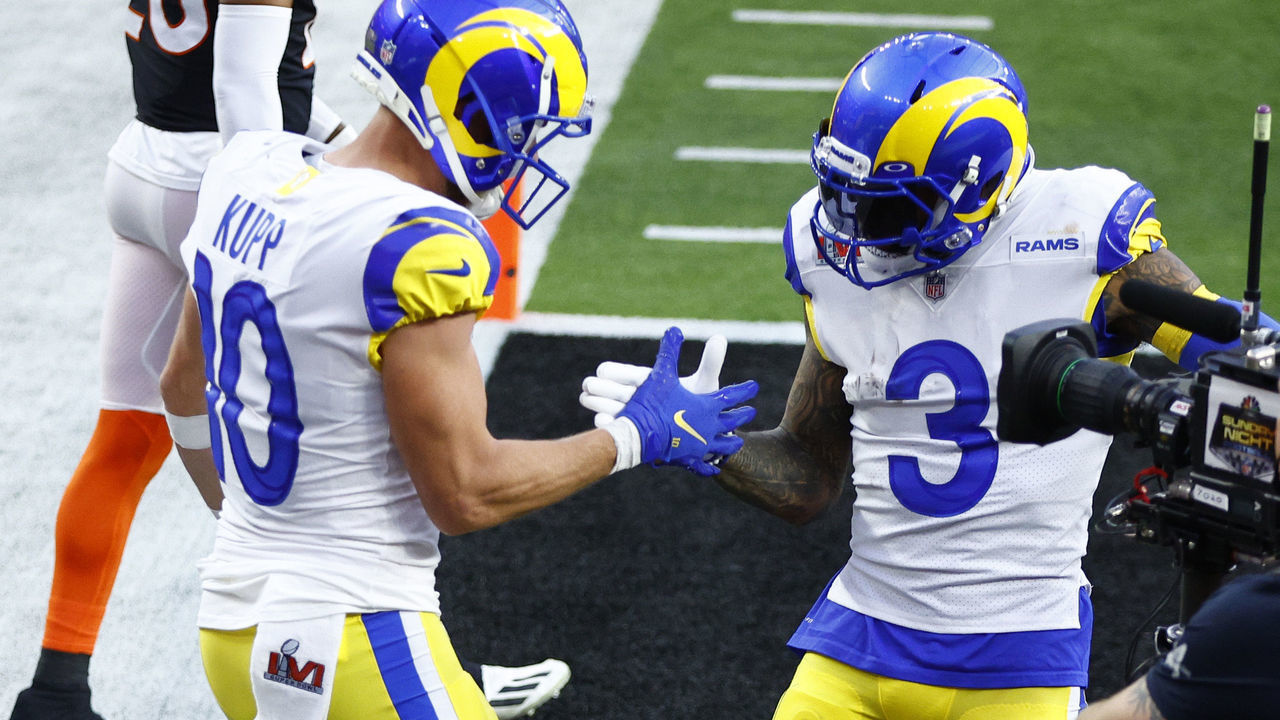 INGLEWOOD, CALIFORNIA - FEBRUARY 13: Cooper Kupp #10 of the Los Angeles Rams reacts after a touchdown with teammate Odell Beckham Jr. #3 in the second quarter during Super Bowl LVI at SoFi Stadium against the Cincinnati Bengals on February 13, 2022 in Inglewood, California.
