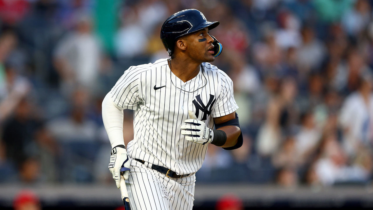 NEW YORK, NEW YORK - MAY 31: Miguel Andujar #41 of the New York Yankees watches his hit against the Los Angeles Angels at Yankee Stadium on May 31, 2022 in the Bronx borough of New York City.