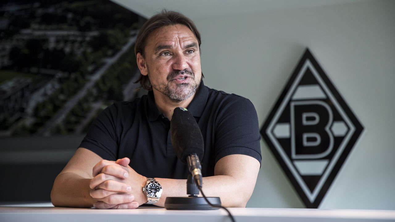 MOENCHENGLADBACH, GERMANY - JUNE 04: Headcoach Daniel Farke talks to the Club TV after he signs a contract with Borussia Moenchengladbach at Borussia-Park on June 04, 2022 in Moenchengladbach, Germany.
