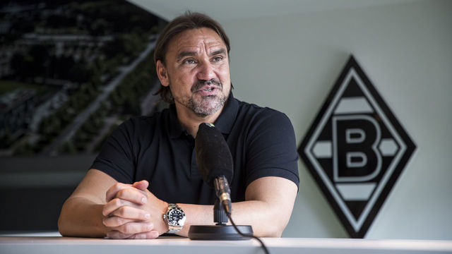 MOENCHENGLADBACH, GERMANY - JUNE 04: Headcoach Daniel Farke talks to the Club TV after he signs a contract with Borussia Moenchengladbach at Borussia-Park on June 04, 2022 in Moenchengladbach, Germany.