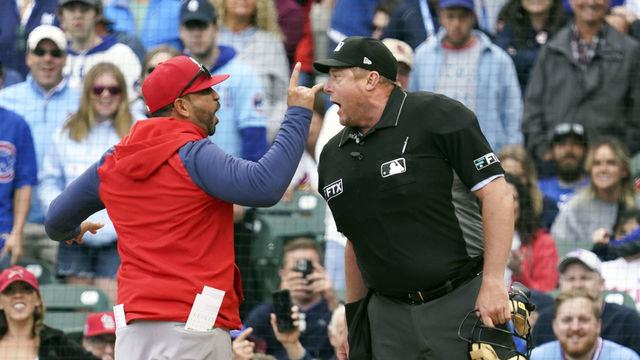 CHICAGO, ILLINOIS - JUNE 04: Manager Oliver Marmol #37 of the St. Louis Cardinals has words with home plate umpire Bruce Dreckman #1 during the seventh inning of Game One of a doubleheader against the Chicago Cubs at Wrigley Field on June 04, 2022 in Chicago, Illinois. The Cubs defeated the Cardinals 6-1.
