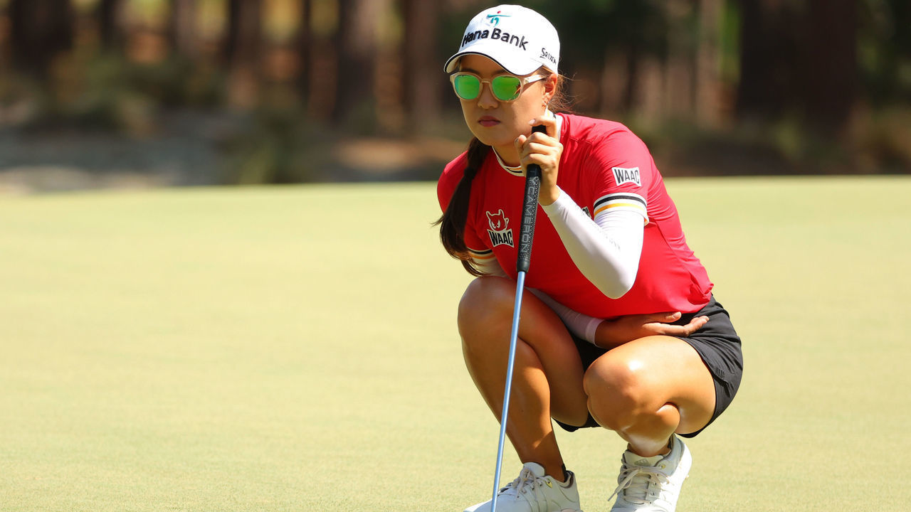 SOUTHERN PINES, NORTH CAROLINA - JUNE 04: Minjee Lee of Australia prepares to putt on the tenth green during the third round of the 77th U.S. Women's Open at Pine Needles Lodge and Golf Club on June 04, 2022 in Southern Pines, North Carolina.