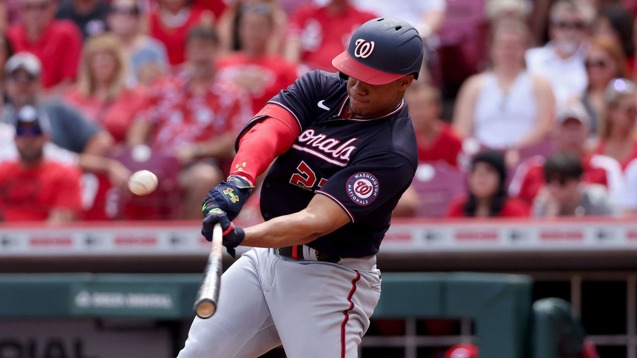 CINCINNATI, OHIO - JUNE 04: Juan Soto #22 of the Washington Nationals flies out in the first inning against the Cincinnati Reds at Great American Ball Park on June 04, 2022 in Cincinnati, Ohio.