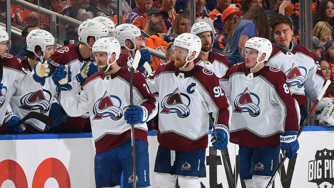 EDMONTON, AB - JUNE 4: Gabriel Landeskog #92, Devon Toews #7 and Cale Makar #8 of the Colorado Avalanche celebrate after a goal during Game Three of the Western Conference Finals of the 2022 Stanley Cup Playoffs against the Edmonton Oilers on June 4, 2022 at Rogers Place in Edmonton, Alberta, Canada.