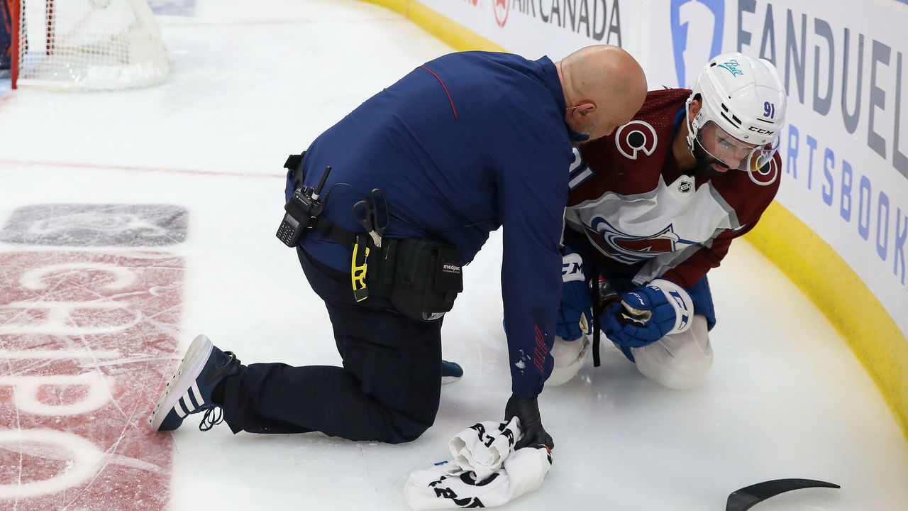 EDMONTON, ALBERTA - JUNE 04: Nazem Kadri #91 of the Colorado Avalanche is tended to for an injury as they take on the Edmonton Oilers in the first period in Game Three of the Western Conference Final of the 2022 Stanley Cup Playoffs at Rogers Place on June 04, 2022 in Edmonton, Alberta.