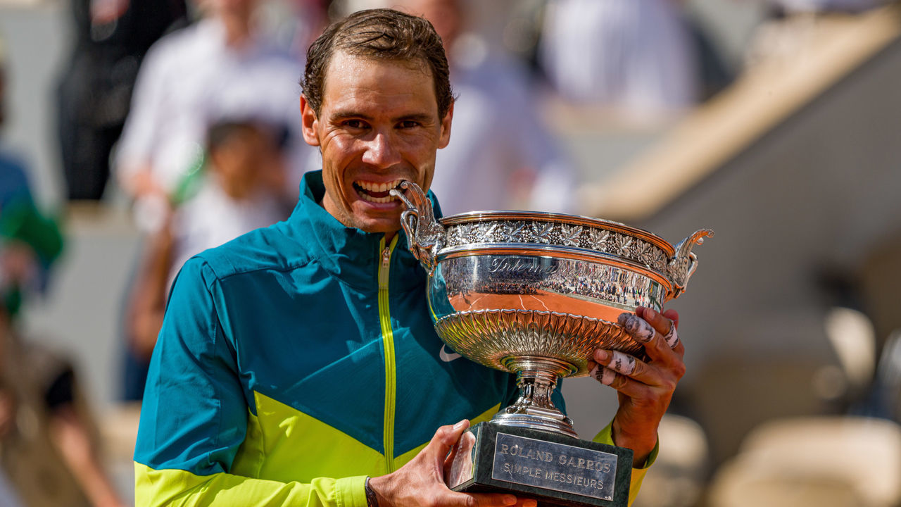 PARIS, FRANCE - JUNE 05: Rafael Nadal of Spain poses with the Musketeers’ Cup after winning Championship point against Casper Ruud of Norway during the Men's Singles Final match on Day 15 of The 2022 French Open at Roland Garros on June 05, 2022 in Paris, France.