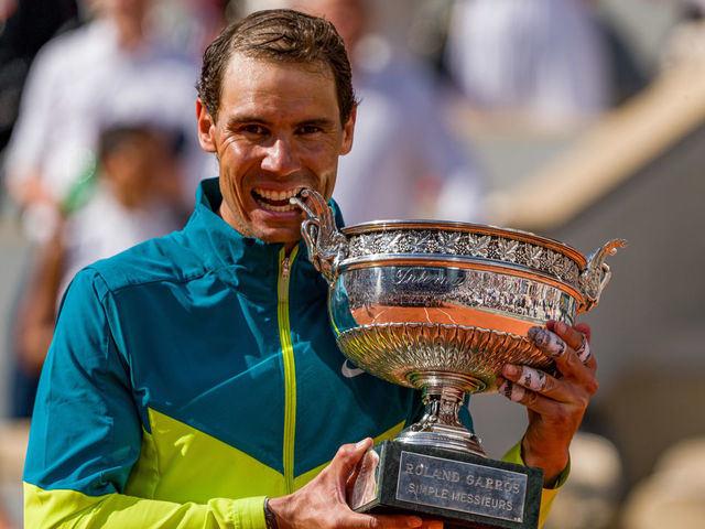 PARIS, FRANCE - JUNE 05: Rafael Nadal of Spain poses with the Musketeers’ Cup after winning Championship point against Casper Ruud of Norway during the Men's Singles Final match on Day 15 of The 2022 French Open at Roland Garros on June 05, 2022 in Paris, France.