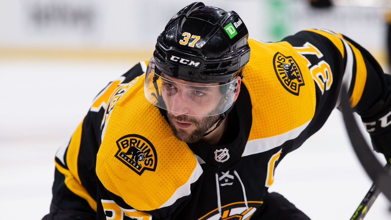 BOSTON, MA - MAY 12: Patrice Bergeron #37 of the Boston Bruins skates against the Carolina Hurricanes during the third period in Game Six of the First Round of the 2022 Stanley Cup Playoffs at the TD Garden on May 12, 2022 in Boston, Massachusetts. The Bruins won 5-2.