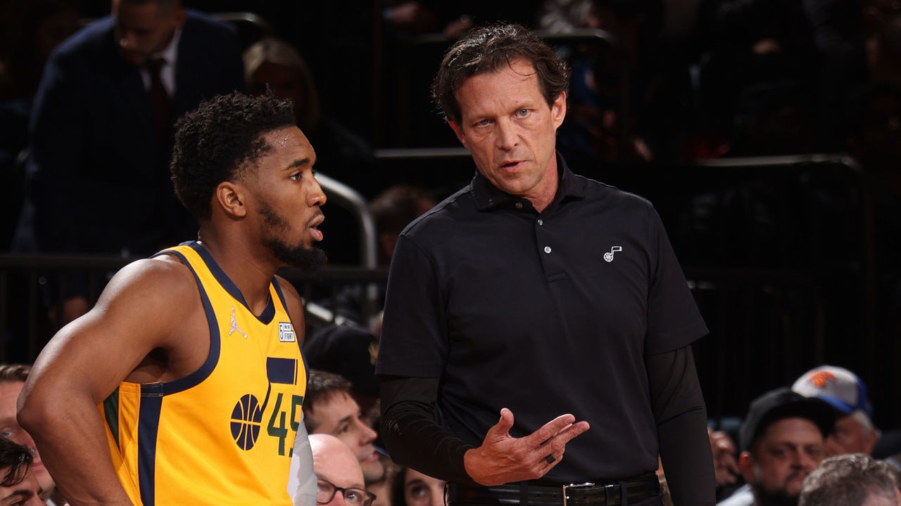 NEW YORK, NY - MARCH 20: Head Coach Quin Snyder of the Utah Jazz talks to Donovan Mitchell #45 during the game against the New York Knicks on March 20, 2022 at Madison Square Garden in New York City, New York. Mandatory Copyright Notice: Copyright 2022 NBAE