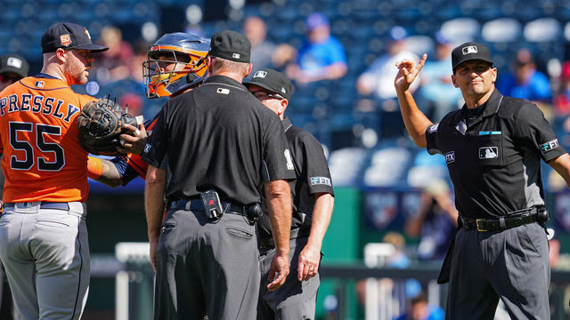 KANSAS CITY, MO - JUNE 05: Ryan Pressly #55 of the Houston Astros is ejected by home plate umpire Vic Carapazza #19 during the ninth inning against the Kansas City Royals at Kauffman Stadium on June 5, 2022 in Kansas City, Missouri.