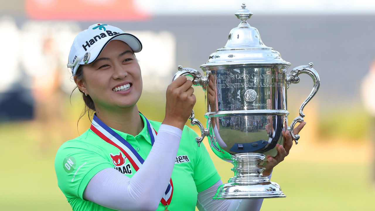SOUTHERN PINES, NORTH CAROLINA - JUNE 05: Minjee Lee of Australia poses with the trophy after winning the 77th U.S. Women's Open at Pine Needles Lodge and Golf Club on June 05, 2022 in Southern Pines, North Carolina.