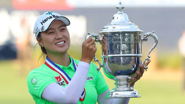 SOUTHERN PINES, NORTH CAROLINA - JUNE 05: Minjee Lee of Australia poses with the trophy after winning the 77th U.S. Women's Open at Pine Needles Lodge and Golf Club on June 05, 2022 in Southern Pines, North Carolina.