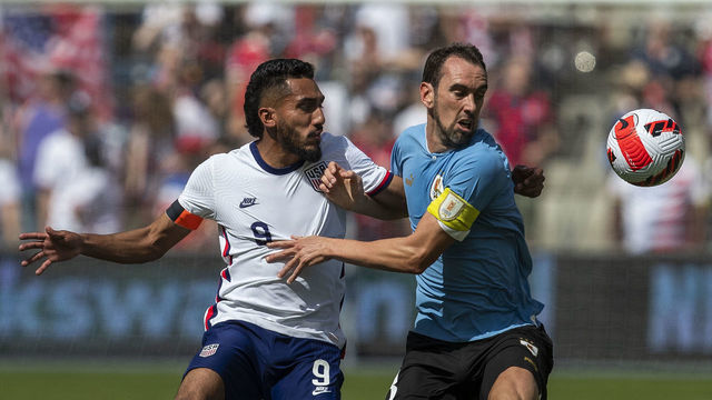 KANSAS CITY, KS - JUNE 05: United States forward Jesus Ferreira (9) chases down Uruguay defender Diego Godin (3) during the match between the USMNT and Uruguay on Sunday June 5th, 2022 at Childrens Mercy Park in Kansas City, KS.