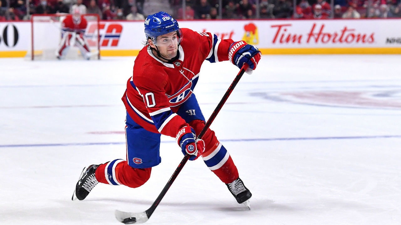 MONTREAL, QC - APRIL 21: Chris Wideman #20 of the Montreal Canadiens passes the puck against the Philadelphia Flyers in the NHL game at the Bell Centre on April 21, 2022 in Montreal, Quebec, Canada.