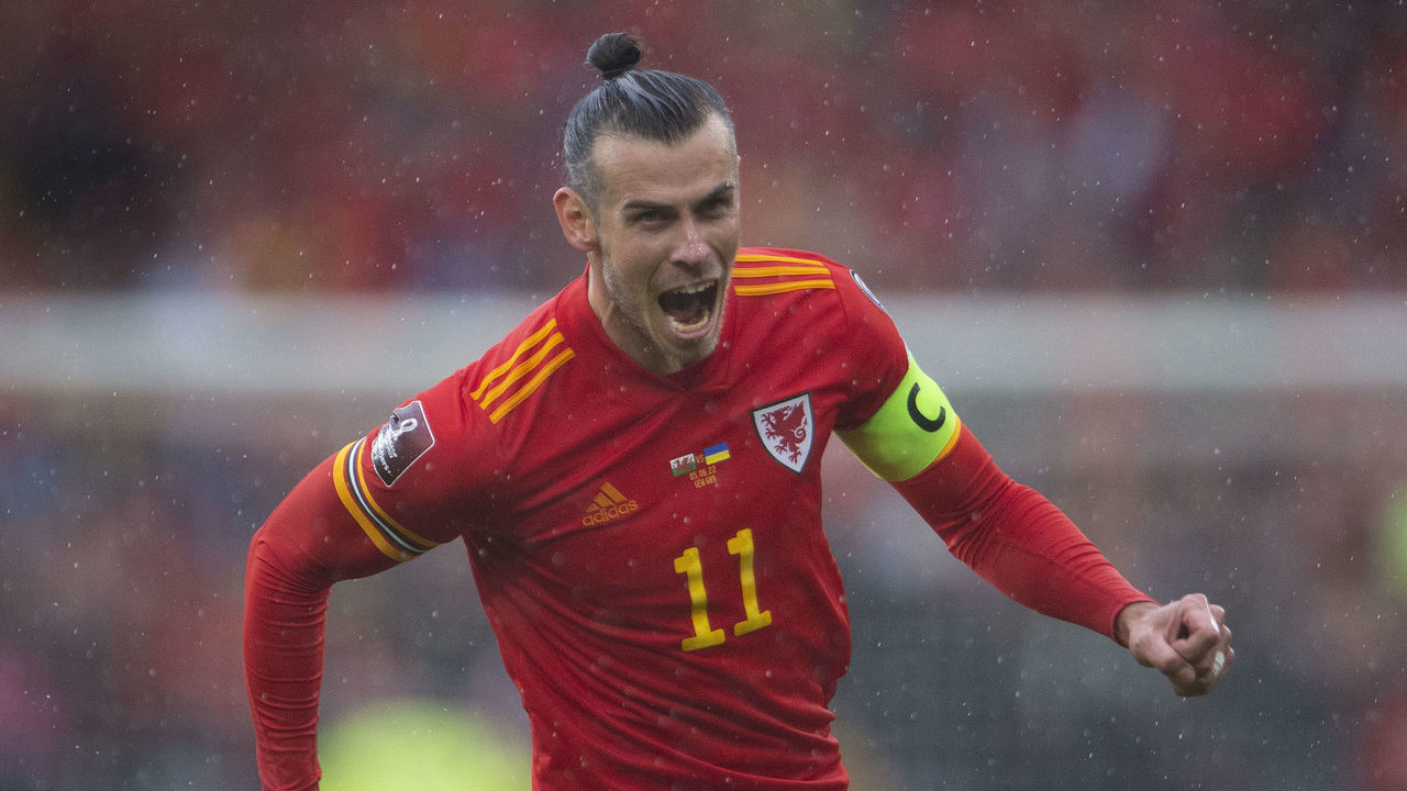 CARDIFF, WALES - JUNE 05: Gareth Bale of Wales celebrates his team's goal during the FIFA World Cup Qualifier between Wales and Ukraine at Cardiff City Stadium on June 05, 2022 in Cardiff, Wales.
