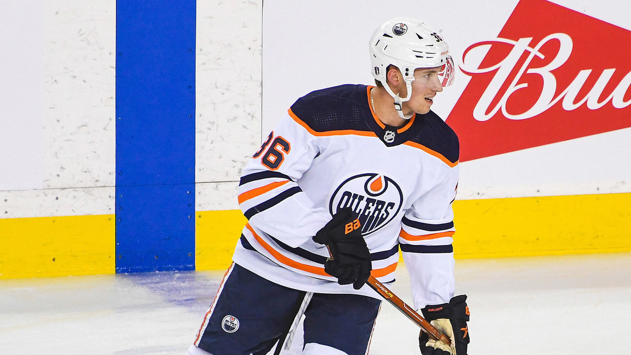 CALGARY, AB - MAY 20: Dylan Holloway #36 of the Edmonton Oilers in action against the Calgary Flames during Game Two of the Second Round of the 2022 Stanley Cup Playoffs at Scotiabank Saddledome on May 20, 2022 in Calgary, Alberta, Canada. The Oilers defeated the Flames 5-3.