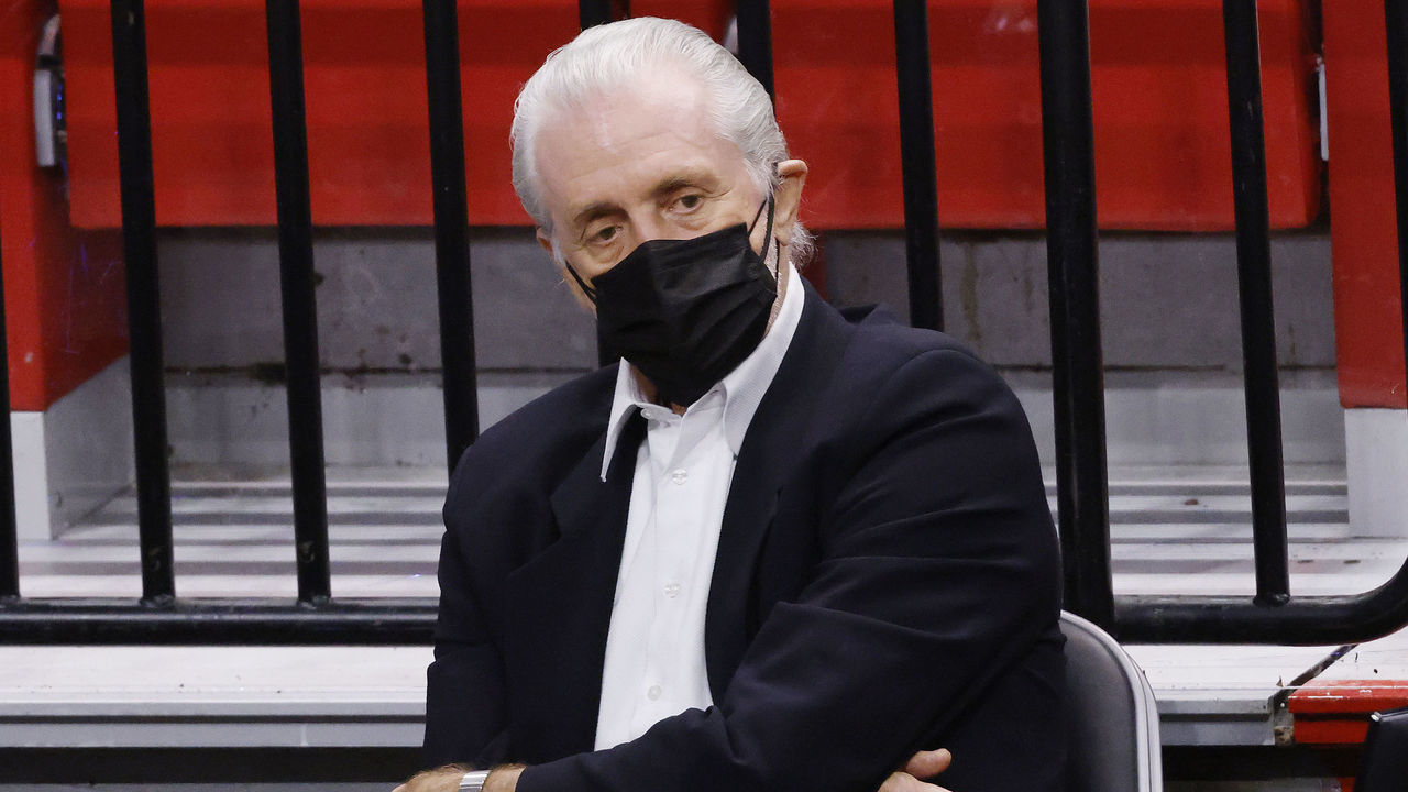MIAMI, FLORIDA - FEBRUARY 01: President Pat Riley of the Miami Heat looks on during the third quarter against the Charlotte Hornets at American Airlines Arena on February 01, 2021 in Miami, Florida.