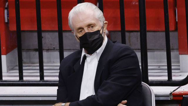 MIAMI, FLORIDA - FEBRUARY 01: President Pat Riley of the Miami Heat looks on during the third quarter against the Charlotte Hornets at American Airlines Arena on February 01, 2021 in Miami, Florida.