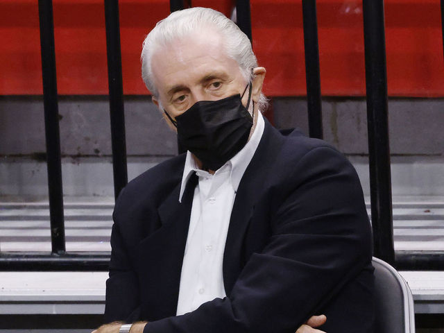 MIAMI, FLORIDA - FEBRUARY 01: President Pat Riley of the Miami Heat looks on during the third quarter against the Charlotte Hornets at American Airlines Arena on February 01, 2021 in Miami, Florida.
