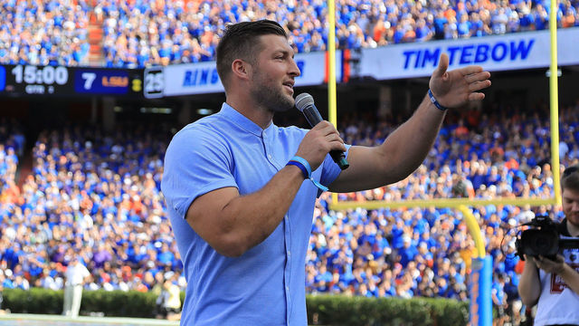 GAINESVILLE, FL - OCTOBER 06: Tim Tebow is inducted into the Ring of Honor during the game between the Florida Gators and the LSU Tigersat Ben Hill Griffin Stadium on October 6, 2018 in Gainesville, Florida.