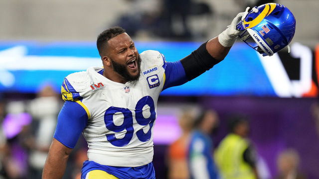 Inglewood, CA - February 13: Aaron Donald of the Los Angeles Rams celebrates after the Rams defeat the Cincinnati Bengals 23-20 in the NFL Super Bowl LVI football game at SoFi Stadium in Inglewood, on Sunday, February 13, 2022.
