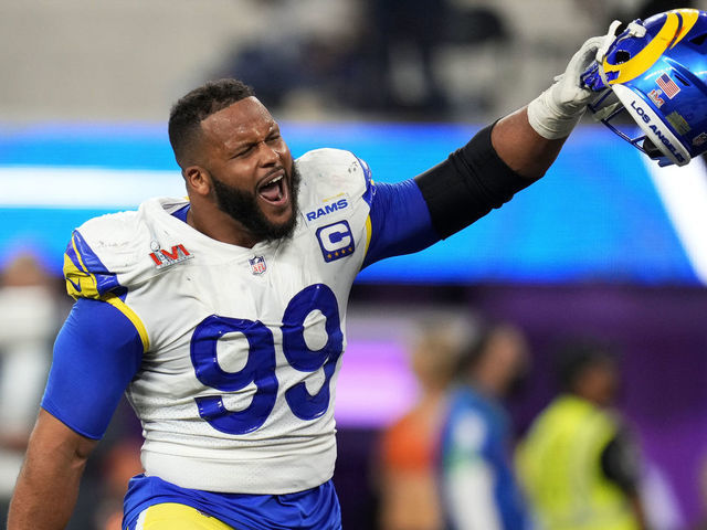 Inglewood, CA - February 13: Aaron Donald of the Los Angeles Rams celebrates after the Rams defeat the Cincinnati Bengals 23-20 in the NFL Super Bowl LVI football game at SoFi Stadium in Inglewood, on Sunday, February 13, 2022.