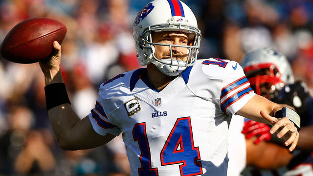 FOXBORO, MA - NOVEMBER 11: Ryan Fitzpatrick #14 of the Buffalo Bills throws a pass against the New England Patriots during the game on November 11, 2012 at Gillette Stadium in Foxboro, Massachusetts.